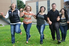 joyful students running