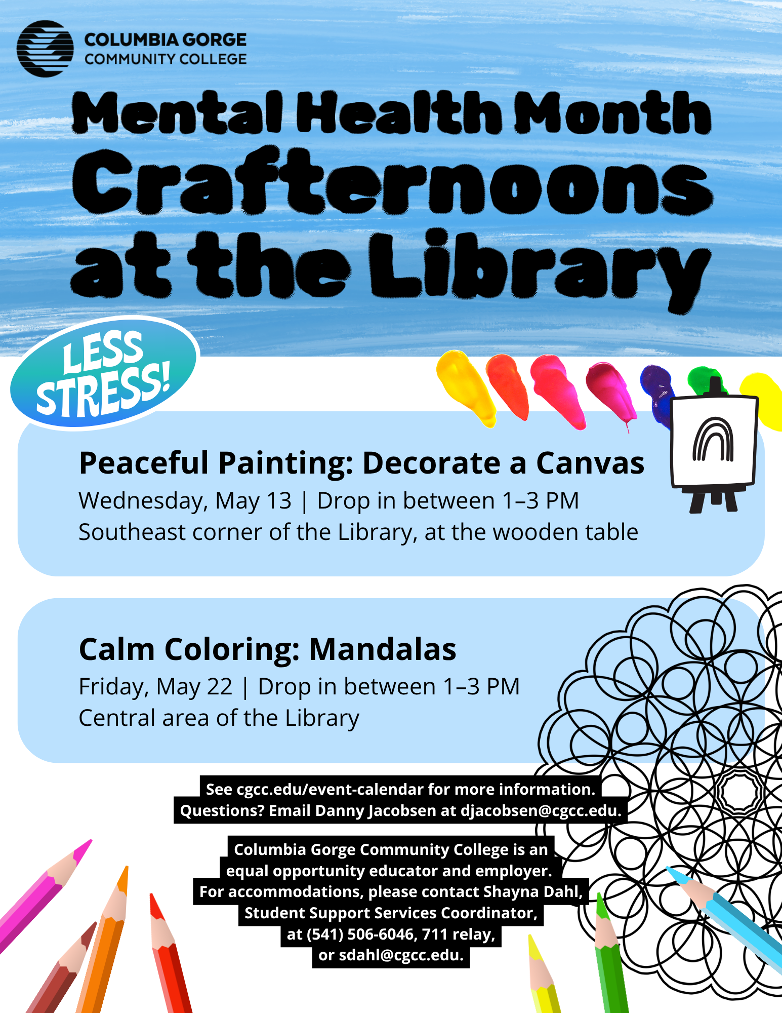 Flyer for Mental Health Month Crafternoons at the Library in English