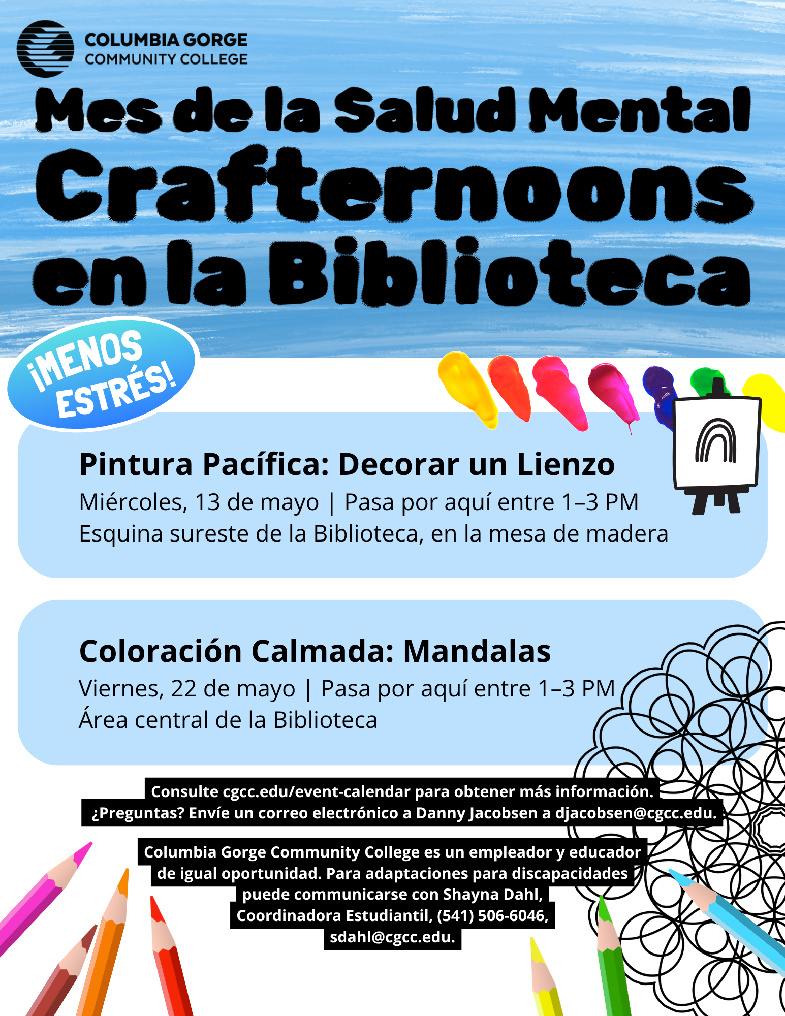 Flyer for Mental Health Month Crafternoons at the Library in Spanish