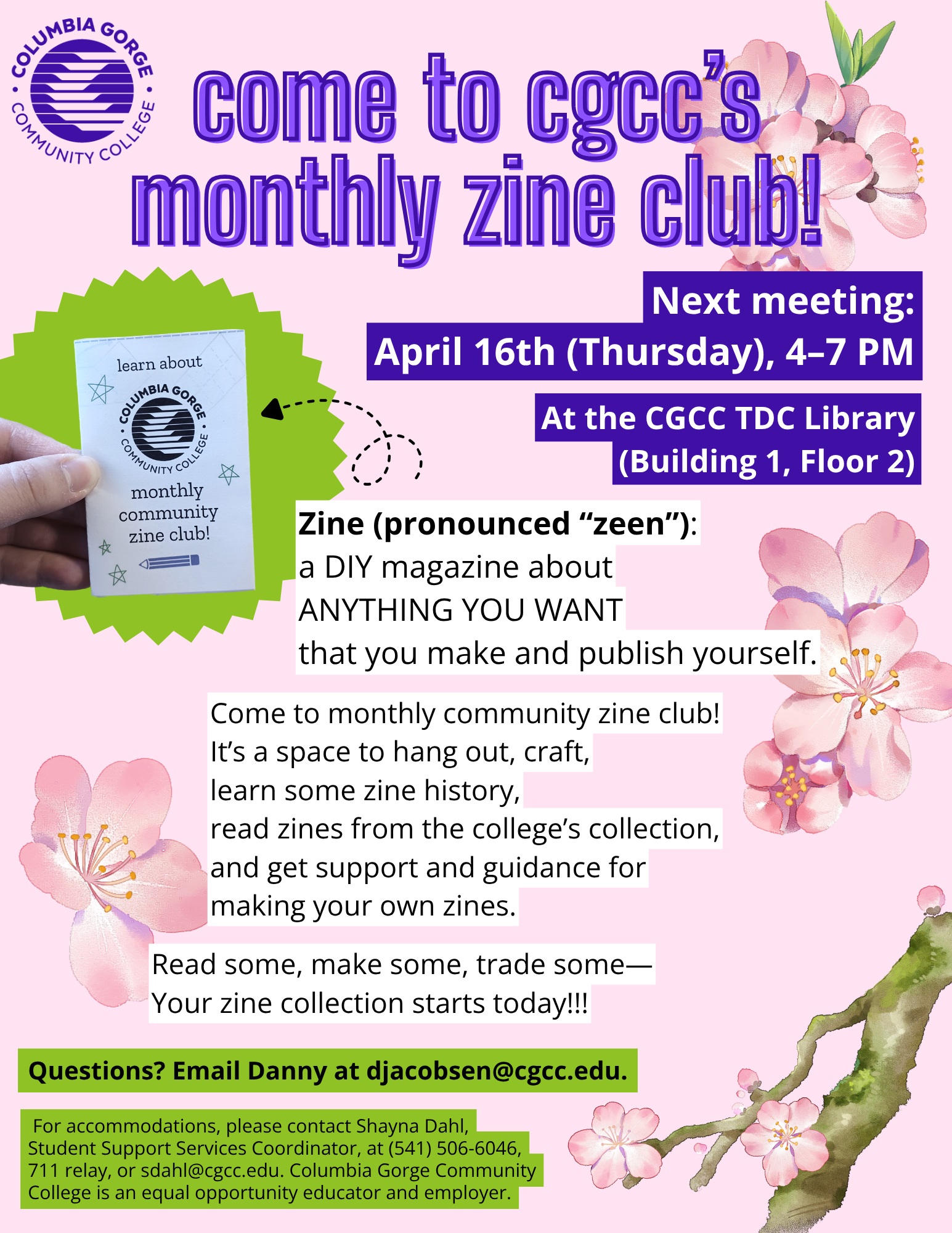 Flyer for April 16 monthly zine club meeting at CGCC from 4–7 PM. At the CGCC TDC Library (Building 1, Floor 2).
