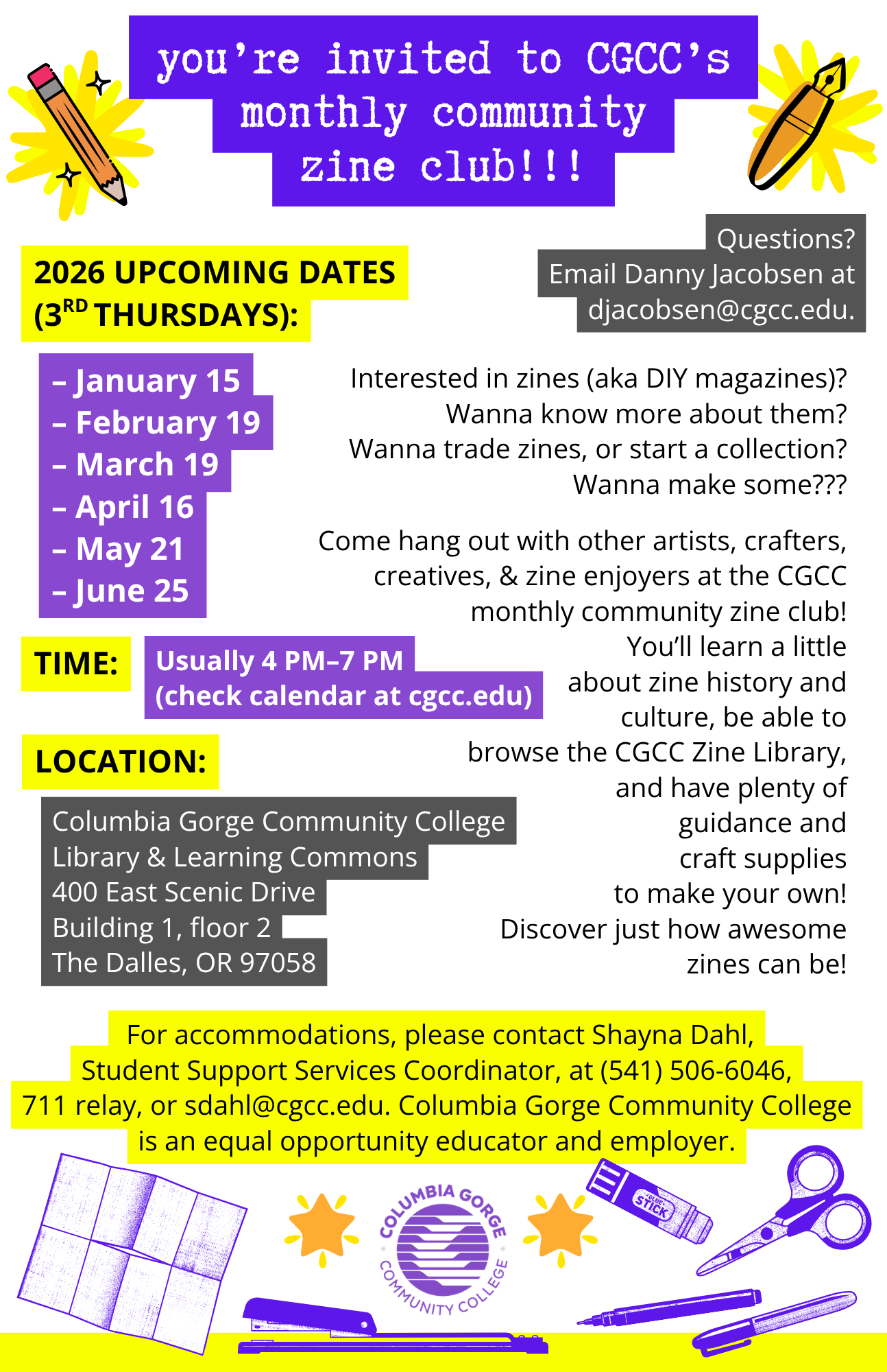 Invitation to CGCC's monthly community zine club, with upcoming dates
