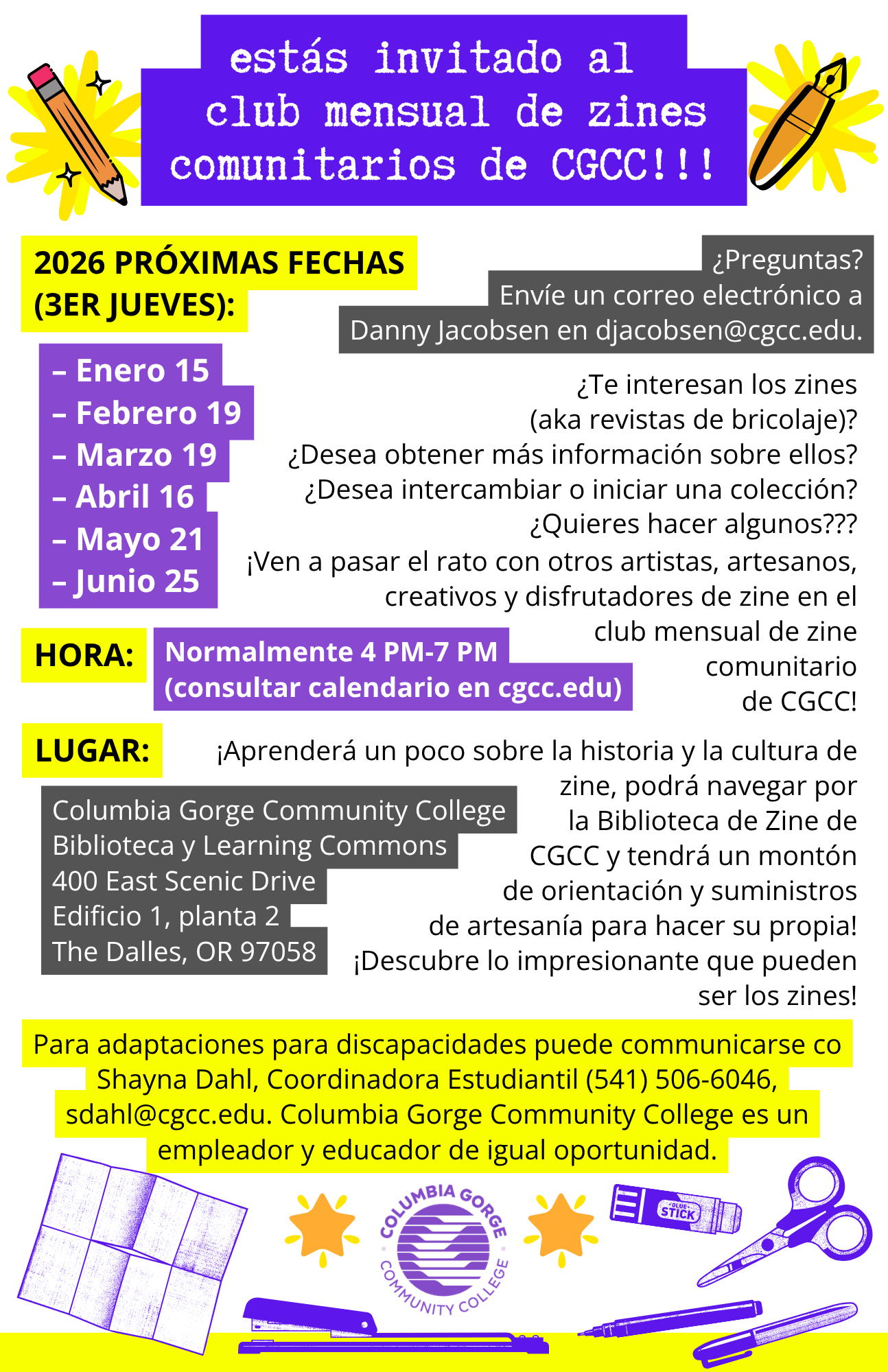 Invitación al club zine comunitario mensual de CGCC, con fechas próximas